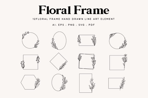 12 Floral Line Art Frame Clipart for Branding and Marketing