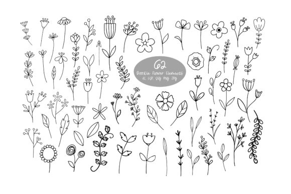 62 Doodle Botanical Floral Hand Drawn Graphics
